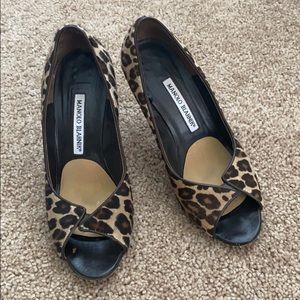 Manolo Blahnik Leopard Peep Toe Pumps